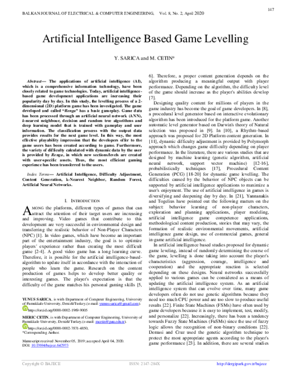 (PDF) Artificial Intelligence Based Game Levelling