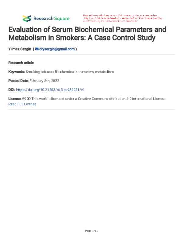 (PDF) Evaluation of Serum Biochemical Parameters and Metabolism in ...