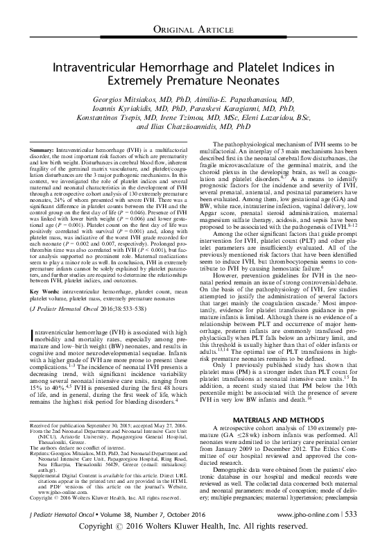 (PDF) Intraventricular Hemorrhage and Platelet Indices in Extremely ...