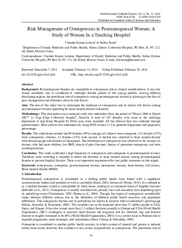 (PDF) Risk Management of Osteoporosis in Postmenopausal Women; A Study ...