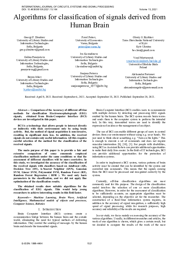 (PDF) Algorithms for Classification of Signals Derived From Human Brain