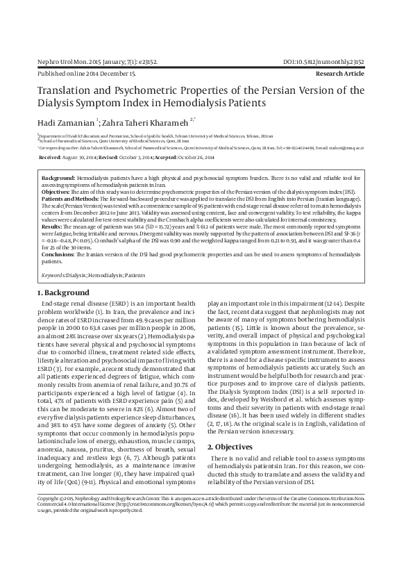 (PDF) Translation and Psychometric Properties of the Persian Version of ...