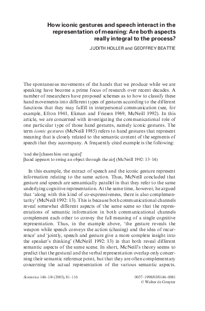 (PDF) How iconic gestures and speech interact in the representation of ...