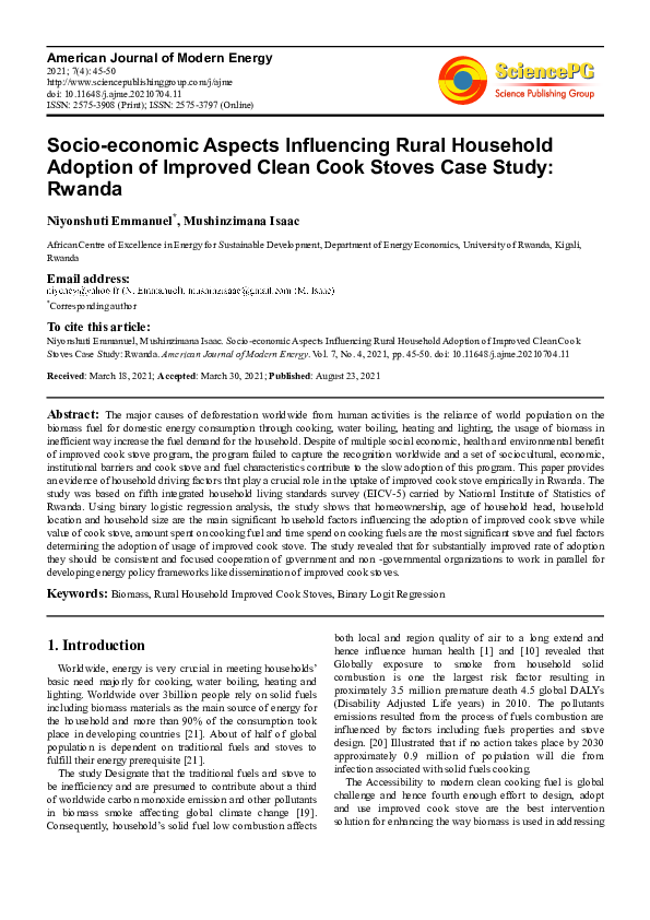 (PDF) Socio-economic Aspects Influencing Rural Household Adoption of ...