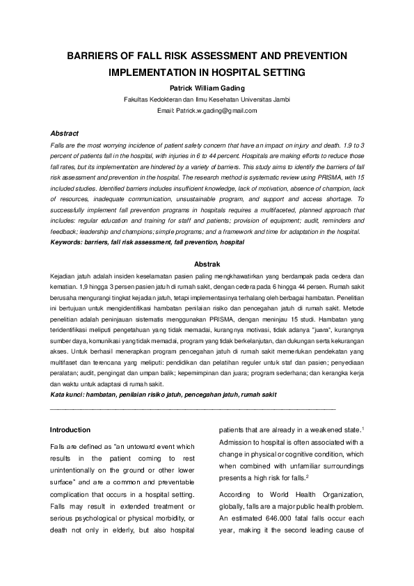 (PDF) Barriers of Fall Risk Assessment and Prevention Implementation in ...