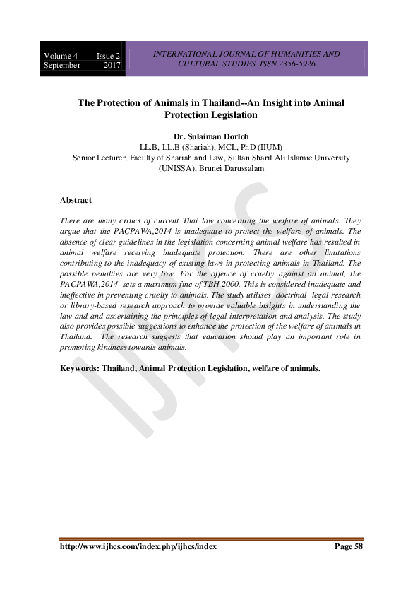 (PDF) The Protection of Animals in Thailand-An Insight into Animal ...
