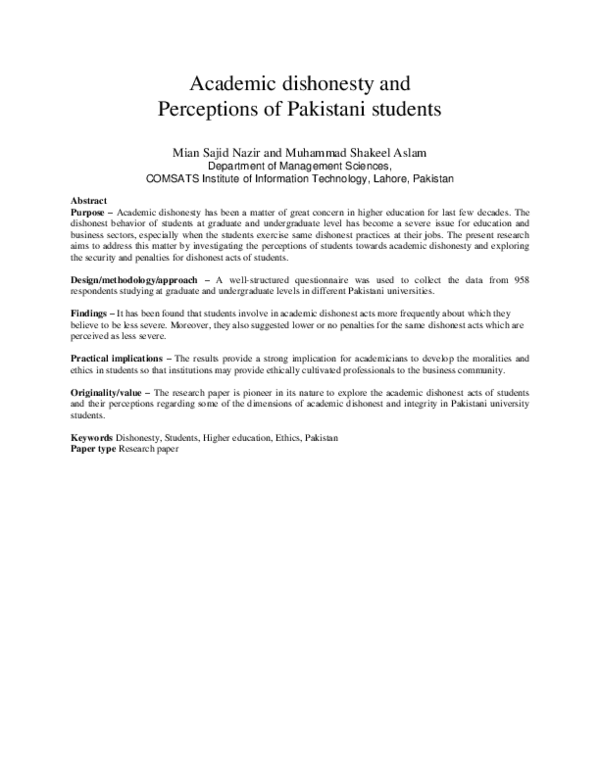 (PDF) Academic dishonesty and perceptions of Pakistani students