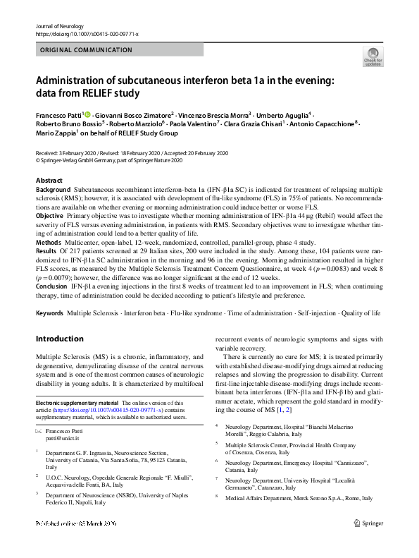 Administration of subcutaneous interferon beta 1a in the evening: data ...