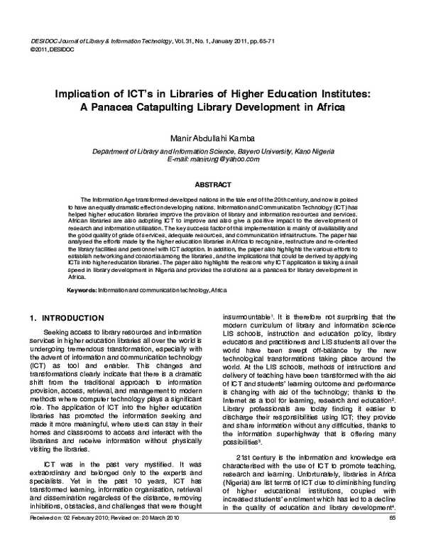 (PDF) Implication of ICT in Libraries of Higher Education Institutes: A ...