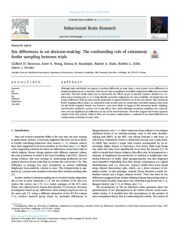 (PDF) Sex differences in rat decision-making: The confounding role of ...