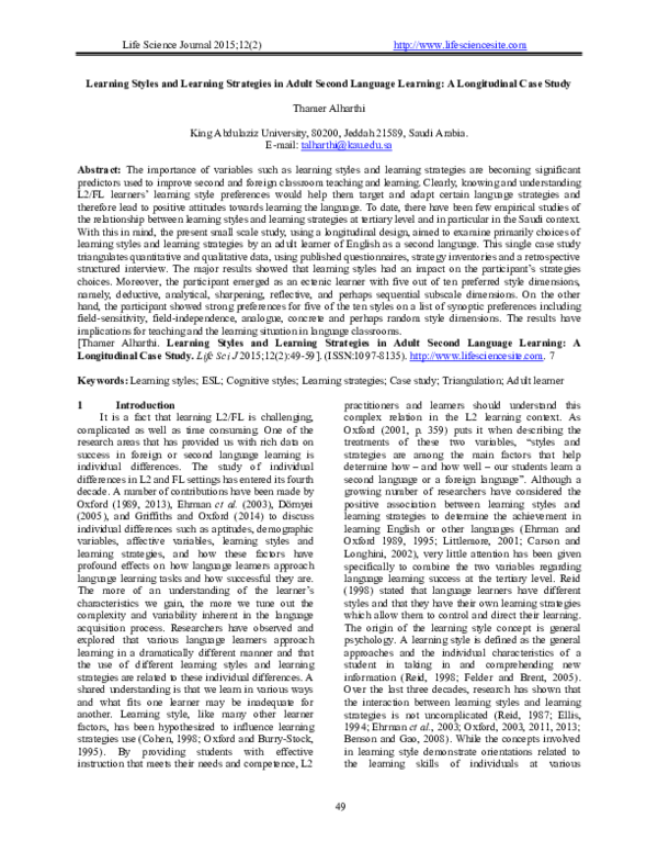 (PDF) Learning Styles and Learning Strategies in Adult Second Language ...