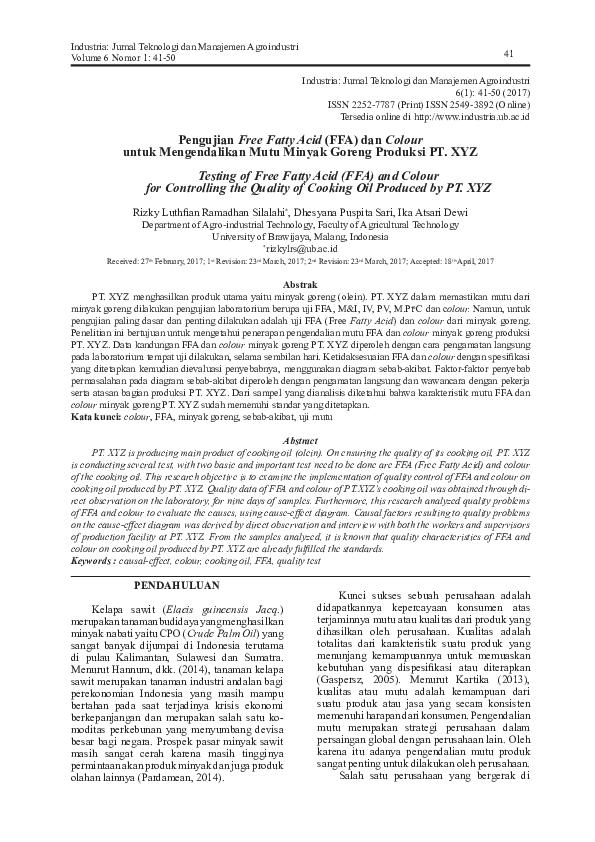 (PDF) Testing of Free Fatty Acid (FFA) and Colour for Controlling the ...