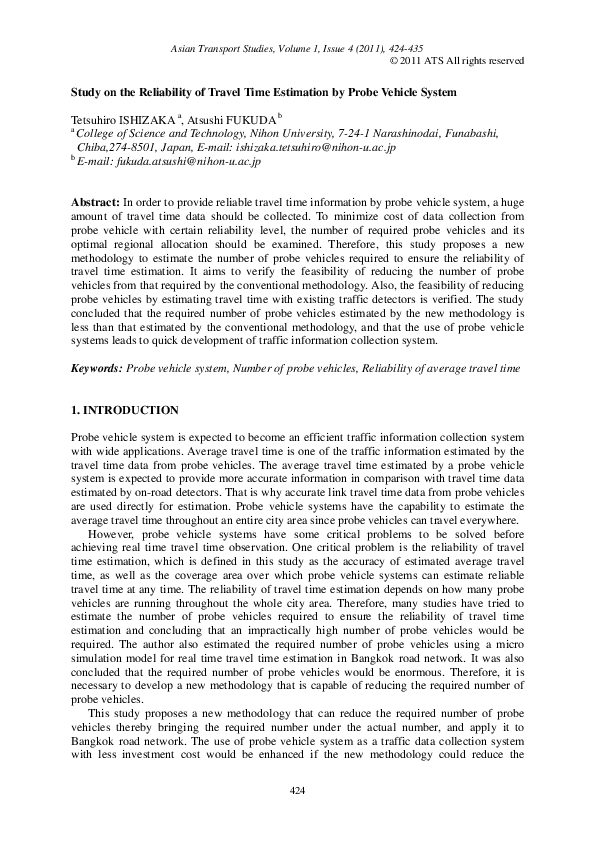 (PDF) Study on the Reliability of Travel Time Estimation by Probe ...