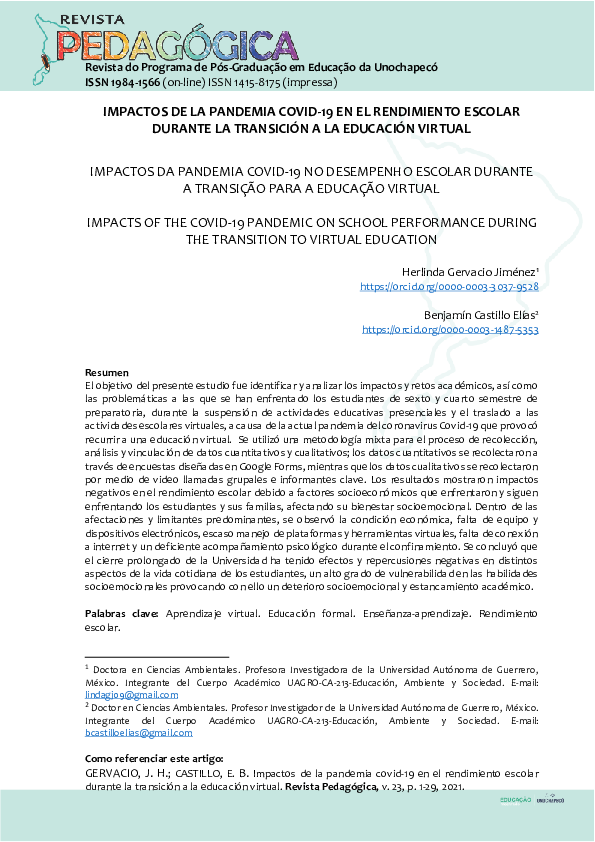 (PDF) Impactos De La Pandemia COVID-19 en El Rendimiento Escolar ...
