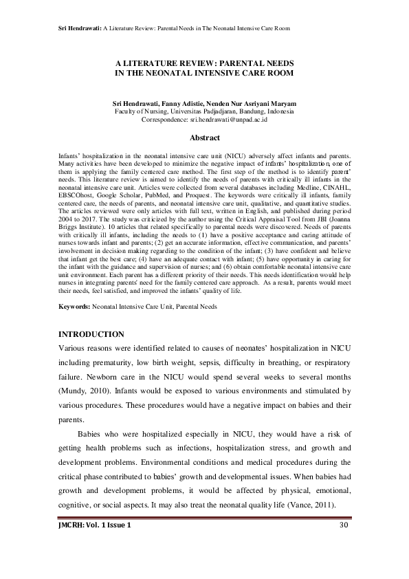 (PDF) A Literature Review: Parental Needs in The Neonatal Intensive ...