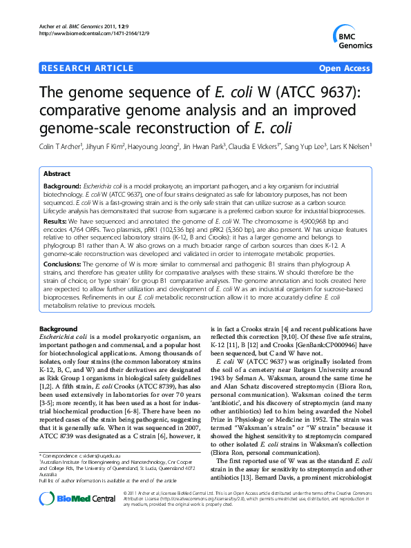 (PDF) The genome sequence of E. coli W (ATCC 9637) comparative genome