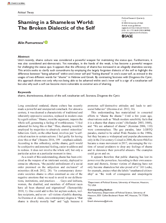 (PDF) Shaming in a Shameless World: The Broken Dialectic of the Self