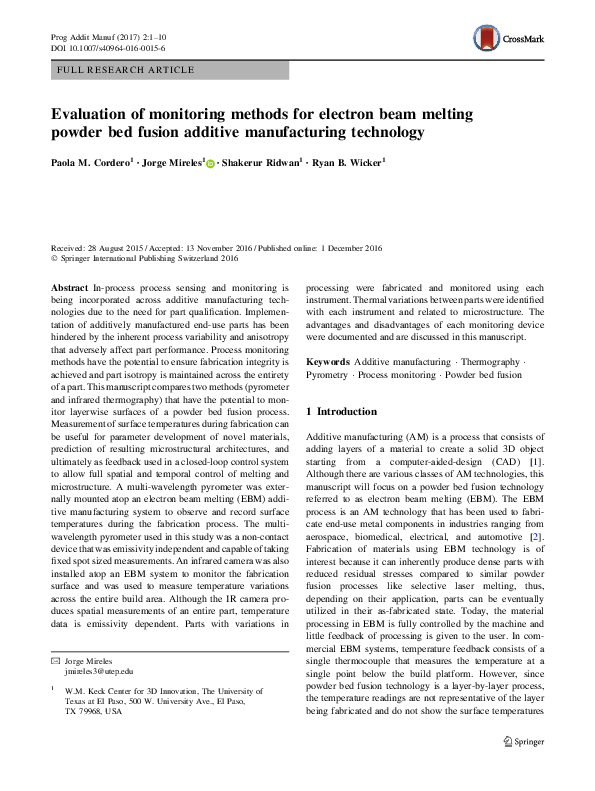 (PDF) Evaluation of monitoring methods for electron beam melting powder ...