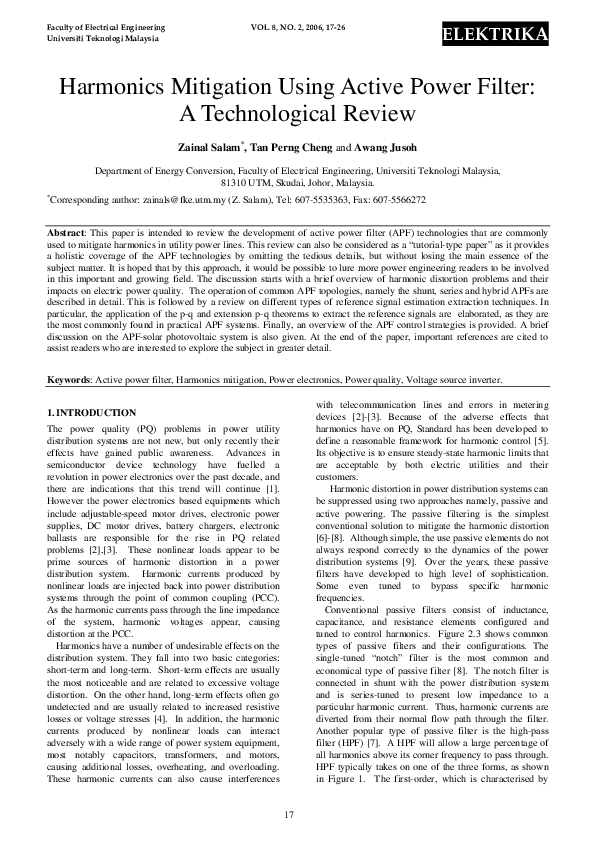 (PDF) Harmonics mitigation using active power filter: a technological ...