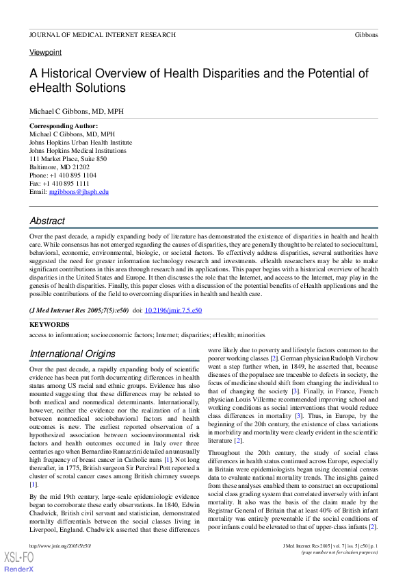 (PDF) A Historical Overview of Health Disparities and the Potential of ...