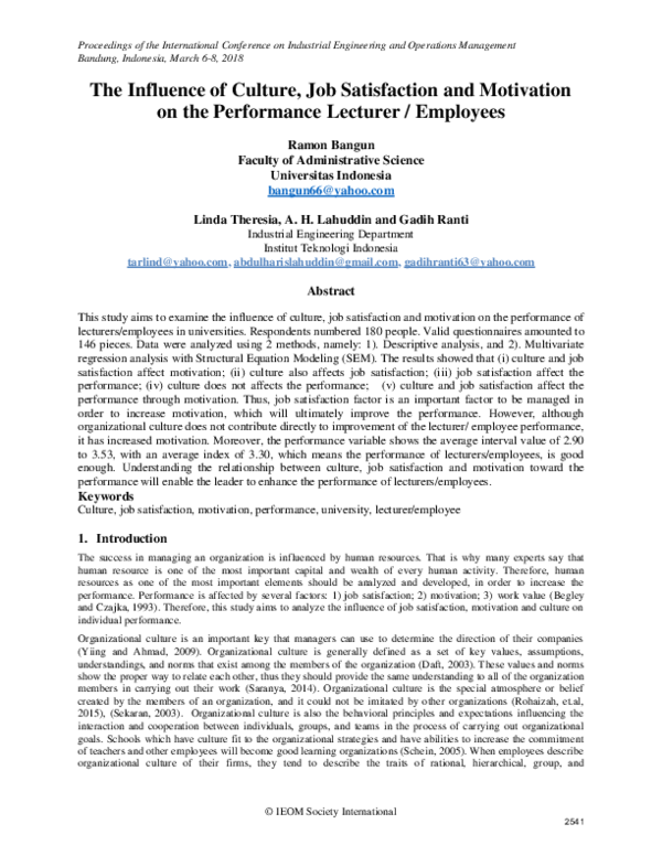 (PDF) The Influence of Culture , Job Satisfaction and Motivation on the ...