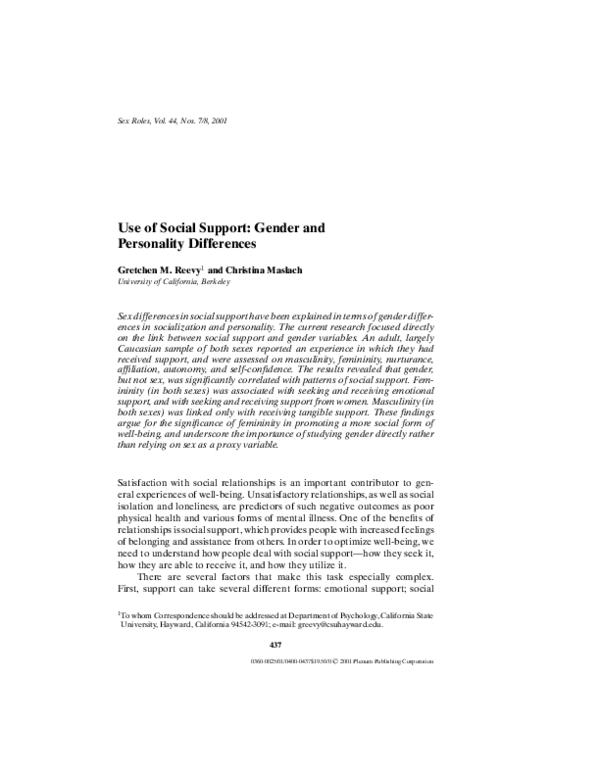 (PDF) Use of Social Support: Gender and Personality Differences
