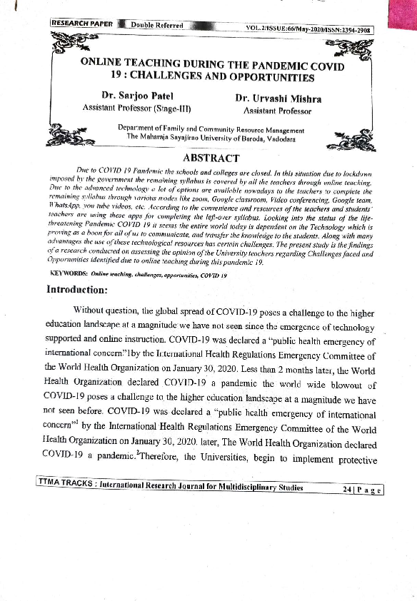 (PDF) ONLINE TEACHING DURING THE PANDEMIC COVID 19: CHALLENGES AND ...