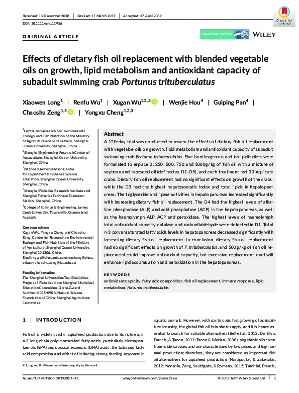 (PDF) Effects of dietary fish oil replacement with blended vegetable ...