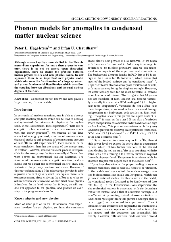 (PDF) Phonon Models for Anomalies in Condensed Matter Nuclear Science