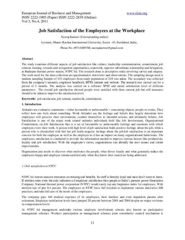 (PDF) Job Satisfaction of the Employees at the Workplace