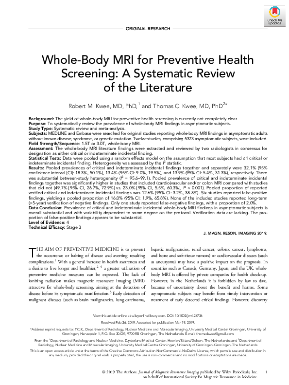 (PDF) Whole‐Body MRI for Preventive Health Screening: A Systematic ...