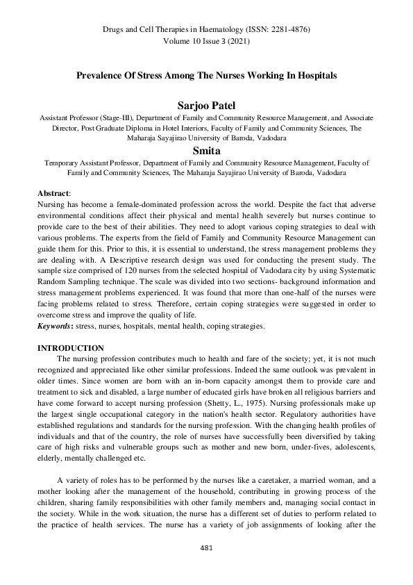 (PDF) Prevelance of Stress among the Nurses Working In Hospitals