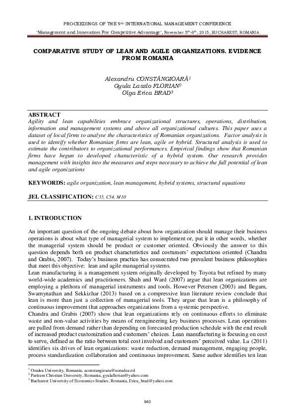 (PDF) Comparative Study of Lean and Agile Organizations. Evidence from ...