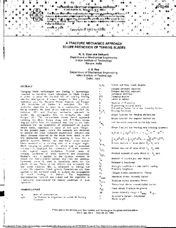 (PDF) A Fracture Mechanics Approach to Life Prediction of Turbine Blades