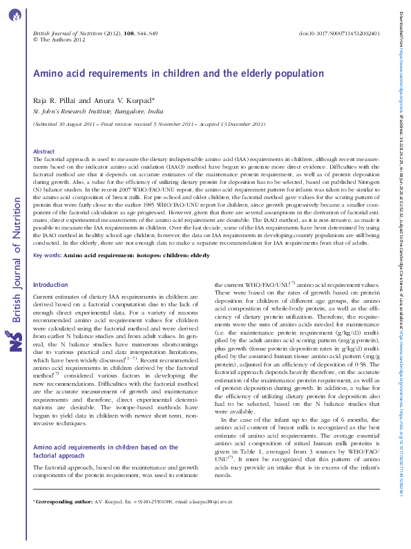(PDF) Amino acid requirements in children and the elderly population