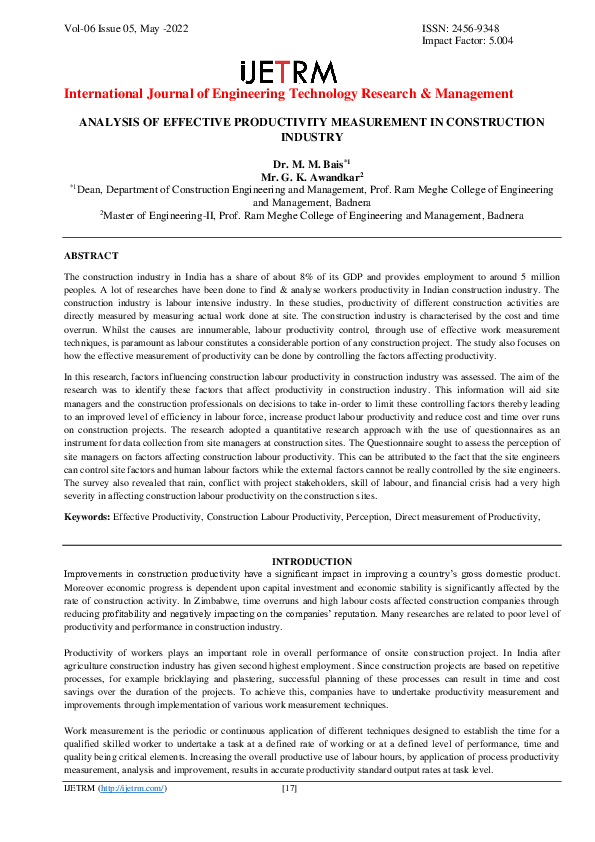 (PDF) ANALYSIS OF EFFECTIVE PRODUCTIVITY MEASUREMENT IN CONSTRUCTION ...