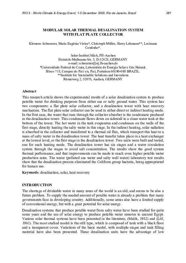 (PDF) Modular solar thermal desalination system with flat plate collector