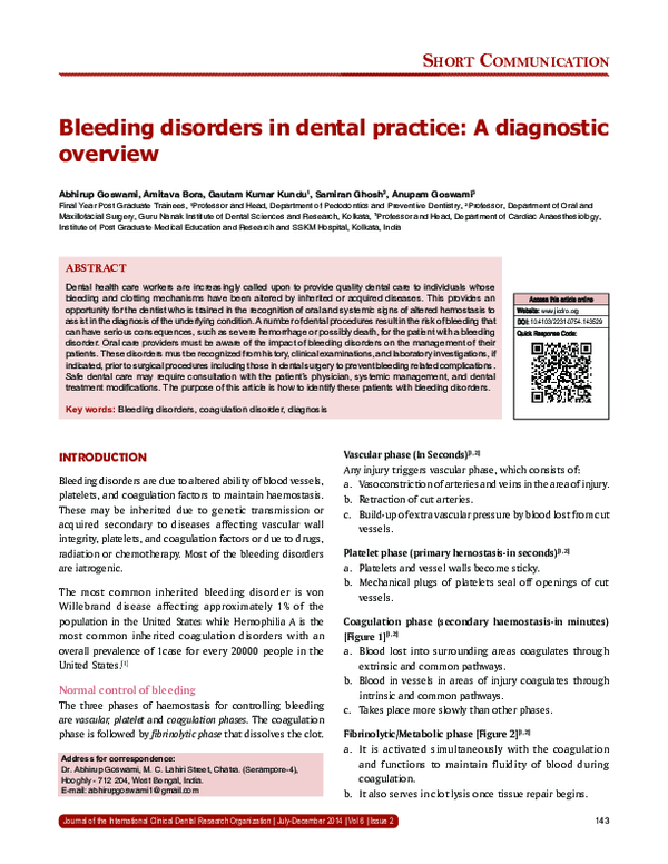 (PDF) Bleeding disorders in dental practice: A diagnostic overview