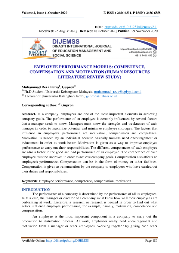 (PDF) Employee Performance Models: Competence, Compensation and ...