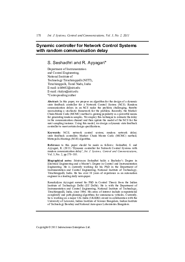 (PDF) Dynamic controller for Network Control Systems with random ...