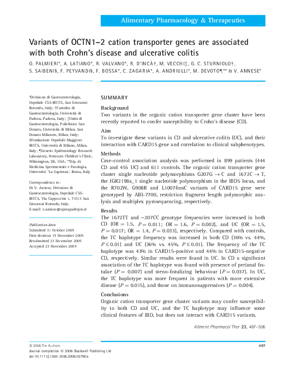 (PDF) Variants of OCTN1-2 cation transporter genes are associated with ...