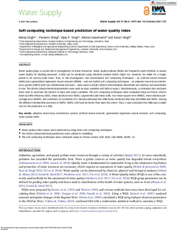 (PDF) Soft computing technique-based prediction of water quality index