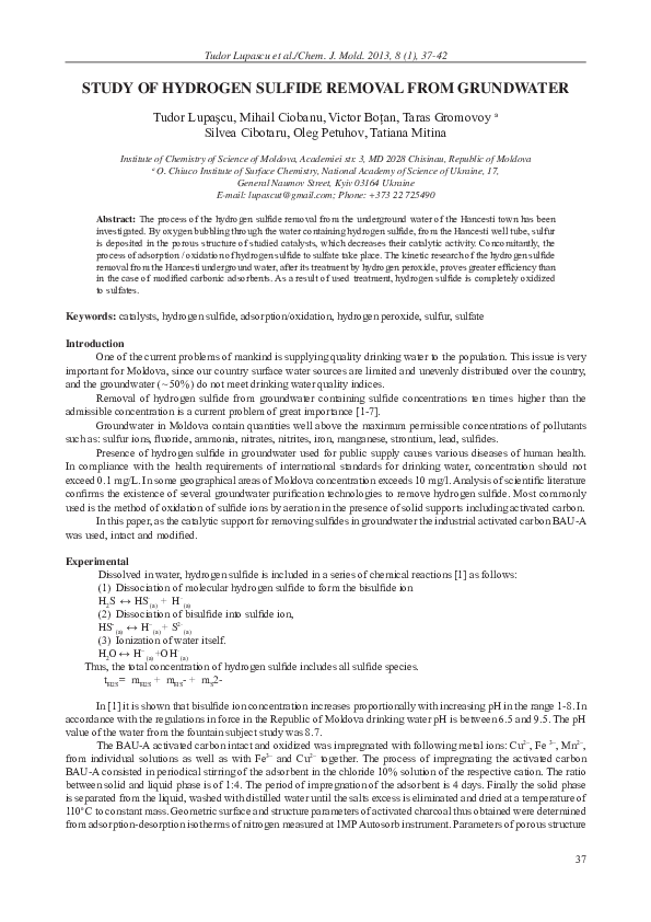(PDF) Study of Hydrogen Sulfide Removal from Grundwater