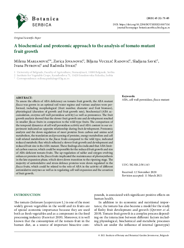 (PDF) A biochemical and proteomic approach to the analysis of tomato ...