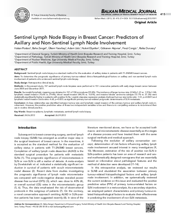 (PDF) Sentinel Lymph Node Biopsy in Breast Cancer: Predictors of ...