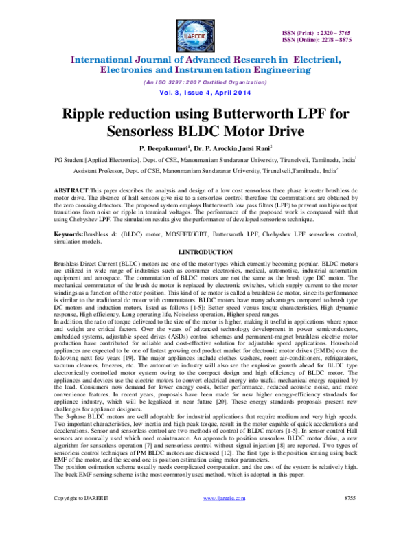 (PDF) Ripple reduction using Butterworth LPF forSensorless BLDC Motor Drive