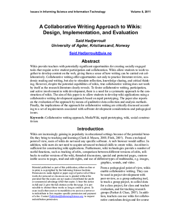 (PDF) A Collaborative Writing Approach to Wikis: Design, Implementation ...