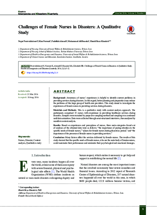 (PDF) Challenges of Female Nurses in Disasters: A Qualitative Study