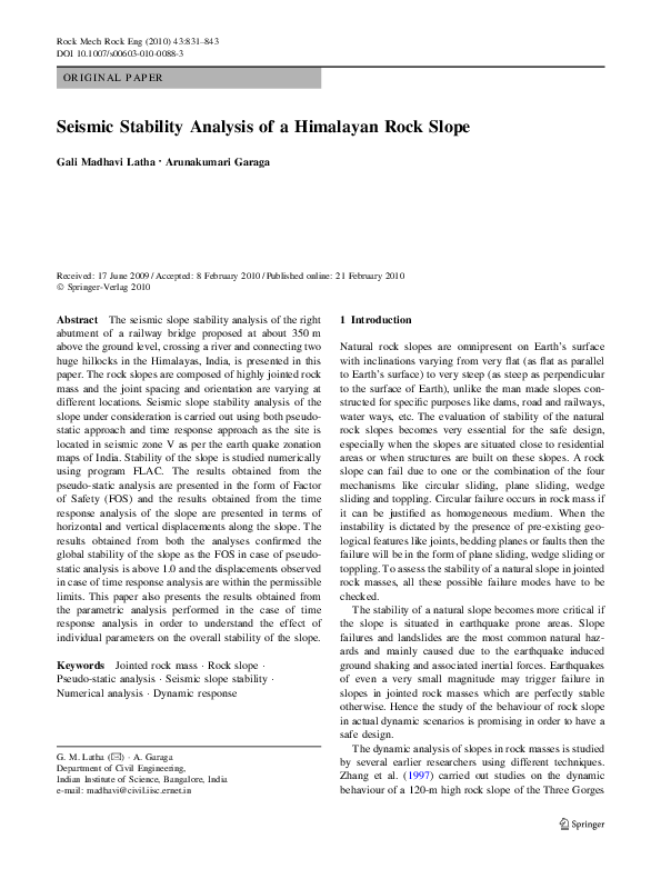 (PDF) Seismic Stability Analysis of a Himalayan Rock Slope