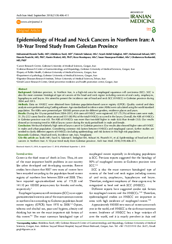 (PDF) Epidemiology of Head and Neck Cancers in Northern Iran: A 10-Year ...